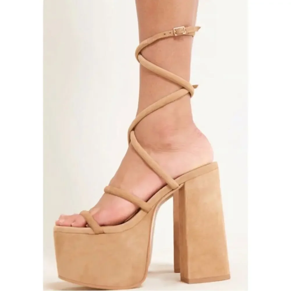 CULT GAIA Hyte Strappy Ankle Wrap Suede Leather Camel Platform Heels Size 8.5